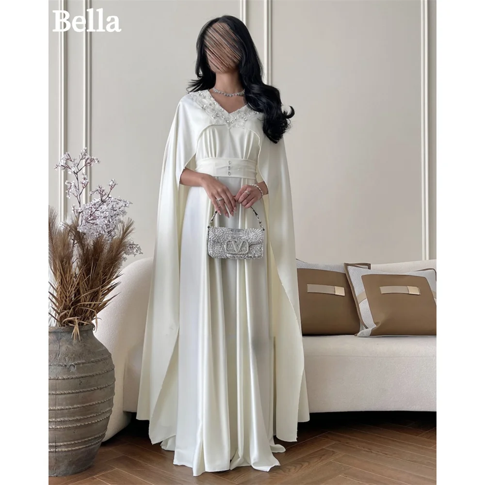 

Bella Muslim White فساتين السهرة Detachable Shawl A-line Prom Dress Graceful Ankle-Length Sleeveless Satin vestidos de fiesta