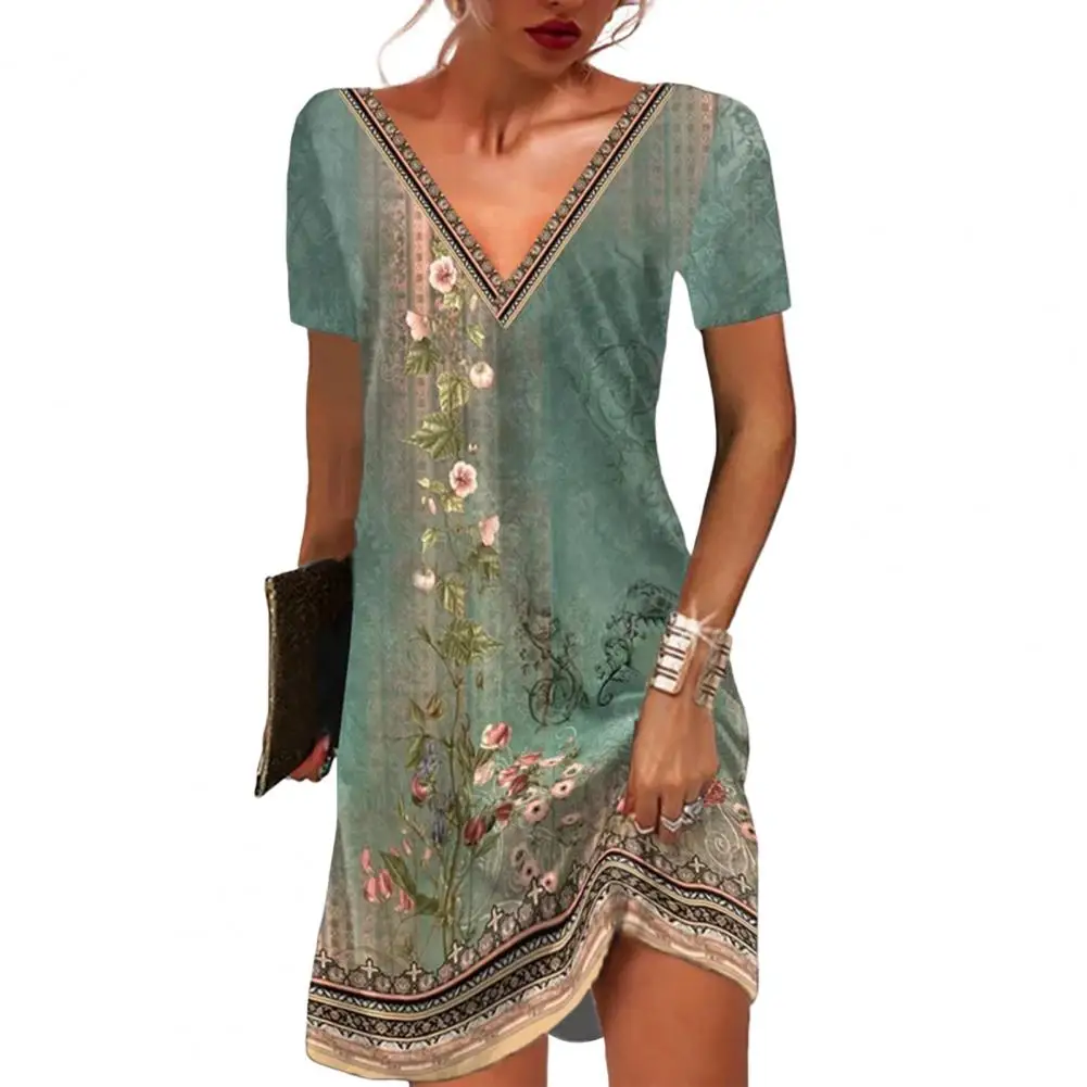 

Comfortable Stylish Vintage Ethnic Female Short Dress Colorfast Casual Dress Deep V Neck Daily Wear