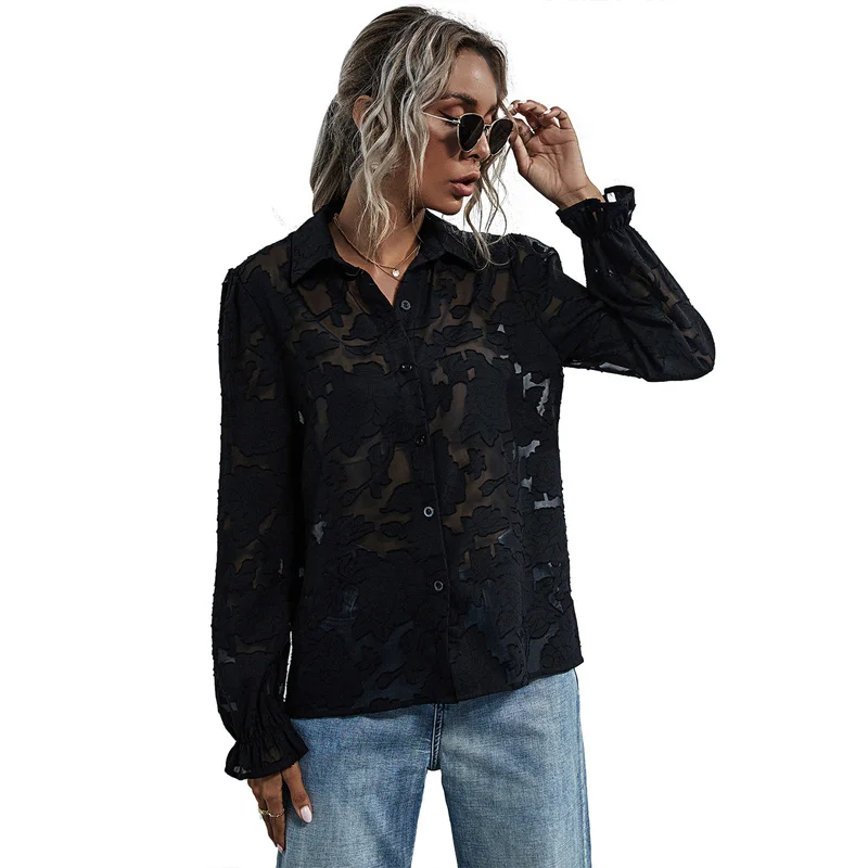 

2022 Summer Sexy Tops Fashion Women Blouse See Through Blouse Lace Embroidered Flower Long-sleeve Solid Top Women Blusa 21695