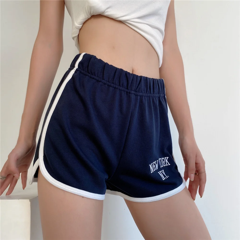 

Summer Biker Shorts Women NEW YORK Letters Embroidery Elastic Waist Shorts For Women Mini Shorts Black Contrast Trim Short Mujer