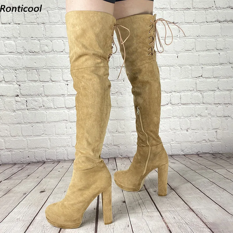 

Ronticool Wide Calf Customize Women Winter Thigh Boots Suede Chunky Heels Round Toe Apricot Night Club Games Shoes Us Size 5-20