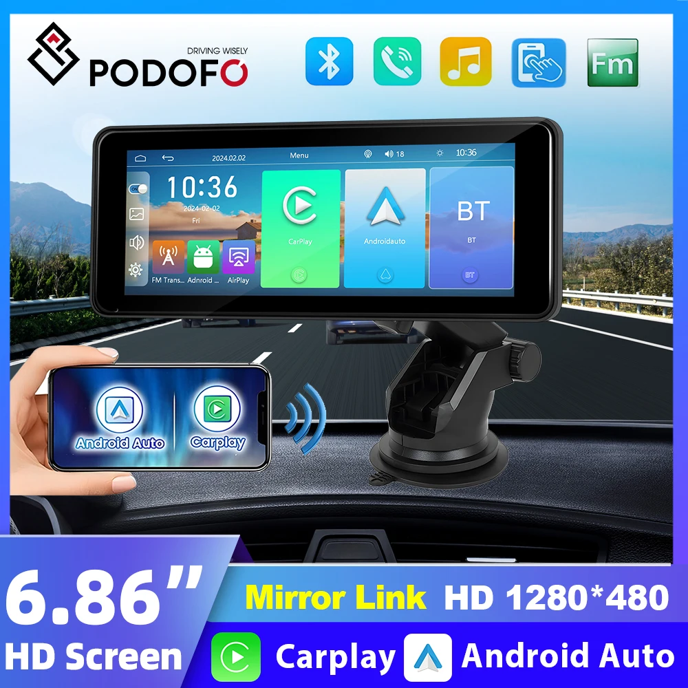 

Podofo Wireless CarPlay Android Auto 6.86" Car monitor Screen Smart MP5 Player Support Rear Camera Apple Airplay With BT Music