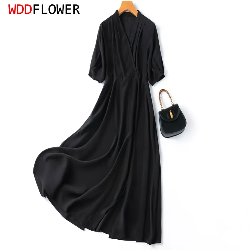 

Women Silk Maxi Dress 100% Mulberry Crepe Silk Solid Color Black Elegant V Neck Belted Waist Long Dress Big Hem M L XL MM891-1