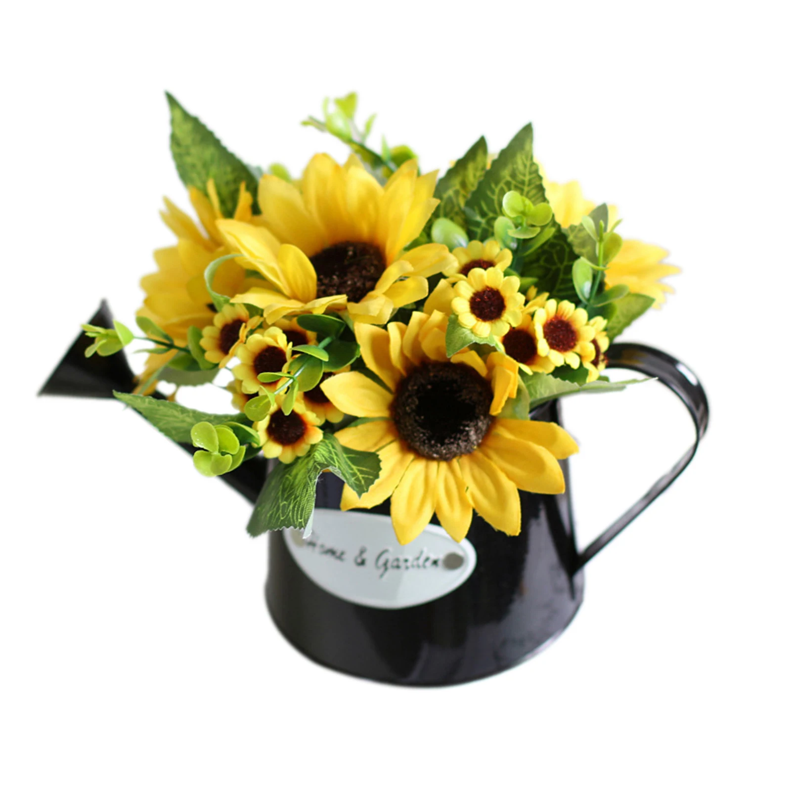 

Simulation Sunflower Daisy Potted With Black Watering Can Artificial Plant Flower Bonsai Ornaments Home Garden Decoration