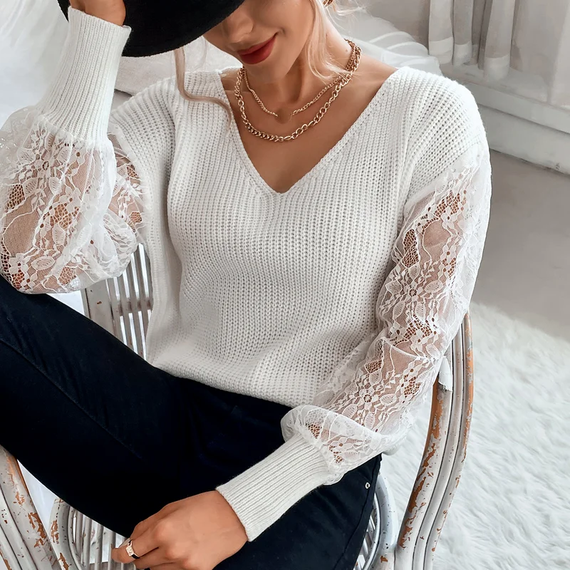 Ladies Elegant Stitching Long-sleeved Lace Hollow Stitching Sweater Pullover White V-neck Knitted Bottoming Shirt Women Clothes
Ladies Elegant Stitching Long-sleeved Lace Hollow Stitching Sweater Pullover White V-neck Knitted Bottoming Shirt Women Clothes