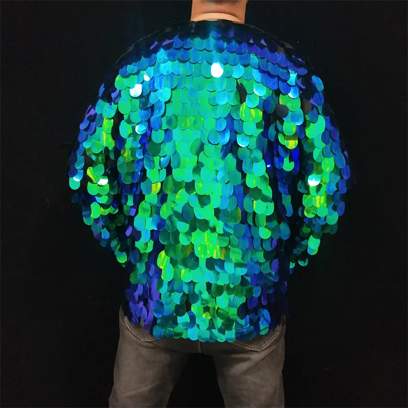 

Glitter Green Sequins Loose Coat Cloak Male Female Singer Dancer Stage Performance Costume Birthday Party Nightclub Clothes