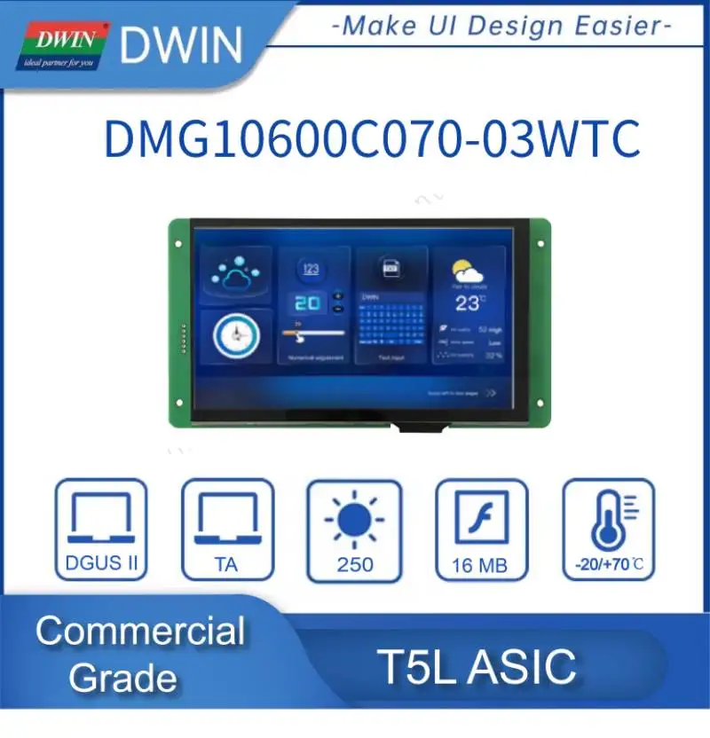 

DWIN 7.0-inch, 1024*600 Pixels Resolution, HMI Rs232,TTL, IPS-TFT-LCD, Wide Viewing Angle , Touch Screen DMG10600C070_03W