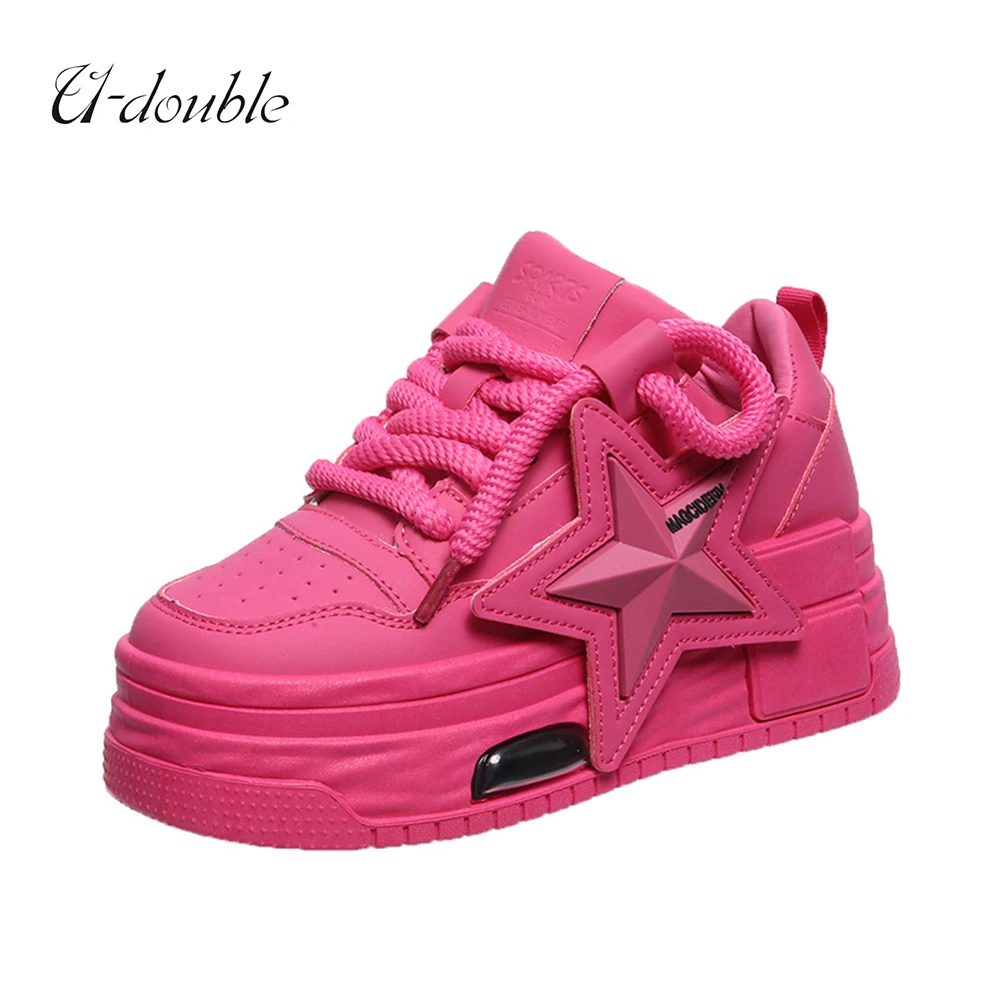 

2023 New Womens PU Leather Sneakers Platform Lace Up Star Skateboard Candy Colors Causal Shoes Girls