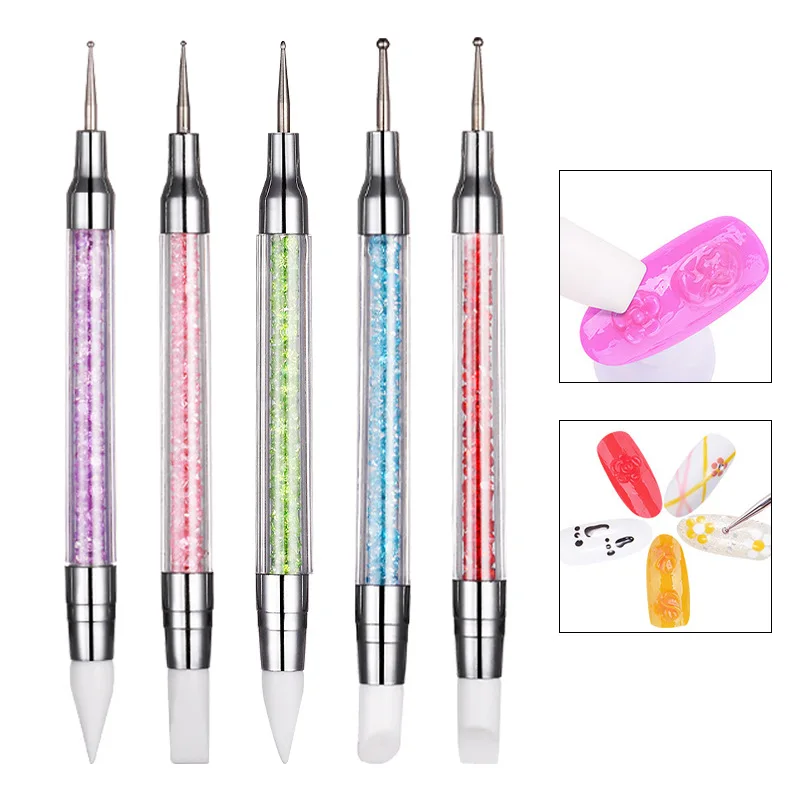 

5Pcs Dual Heads Silicone Nail Art Sculpture Pen Rhinestone Acrylic Handle Emboss Carving Craft Polish Manicure Dotting Pen Tool