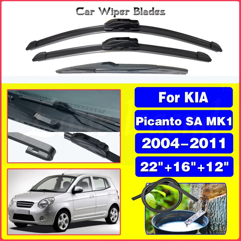 

For KIA Picanto SA MK1 2004-2011 2005 2006 Car Front Rear Wiper Blades Soft Rubber Windscreen Wipers Auto Windshield 22"+16"+12"