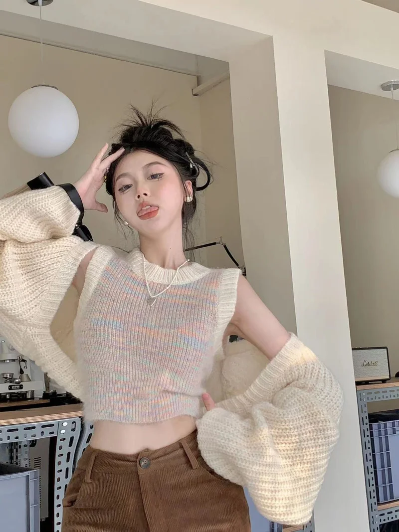 

Korea All Match Knit Two Pieces Set Cropped Cardigan Sleeveless Tank Vest Female Y2k Aesthetic Preppy Korean Style 2024 New