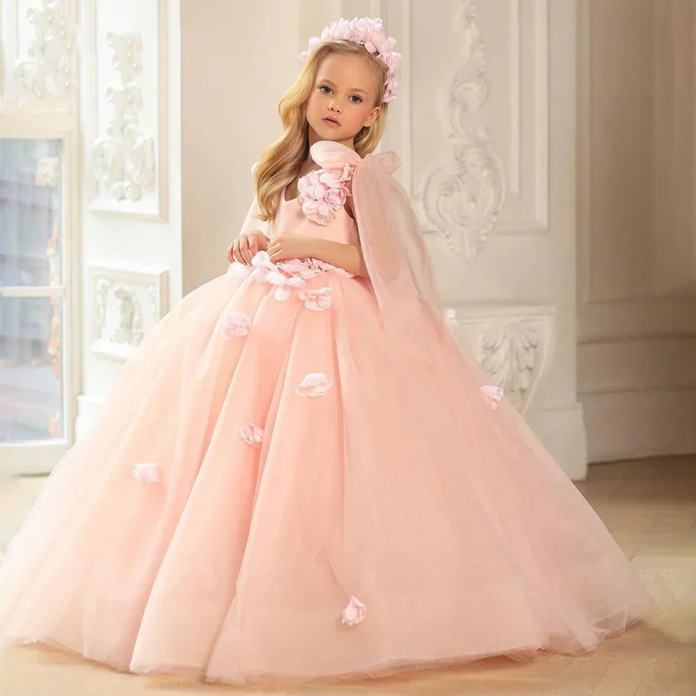 

Blush Flower Girl Dresses Appliques Sleeveless Fluffy Kids Child Princess Wedding Birthday Party First Communion Holiday