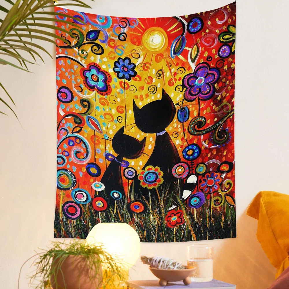 

6 sizes Black Cat Tapestry Wall Hanging Psychedelic Roses and Sunlight New Art Floral Wall Art Cat Lover Gift Home Decor.