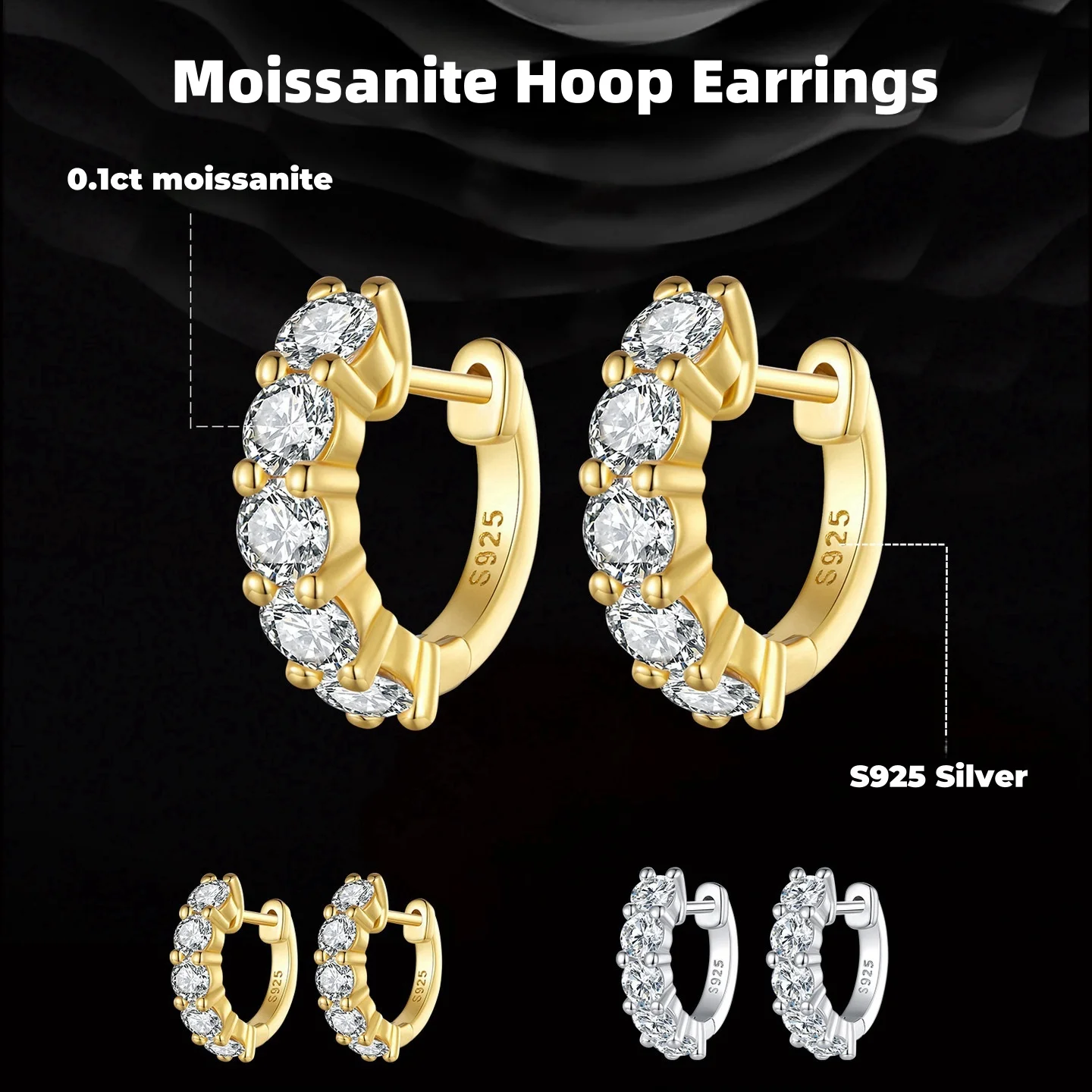 

Moissanite Hoop Earrings for Women,S925 Sterling Silver 14K White Gold Plated Cuff Huggie Hypoallergenic Earrings,Sparkle