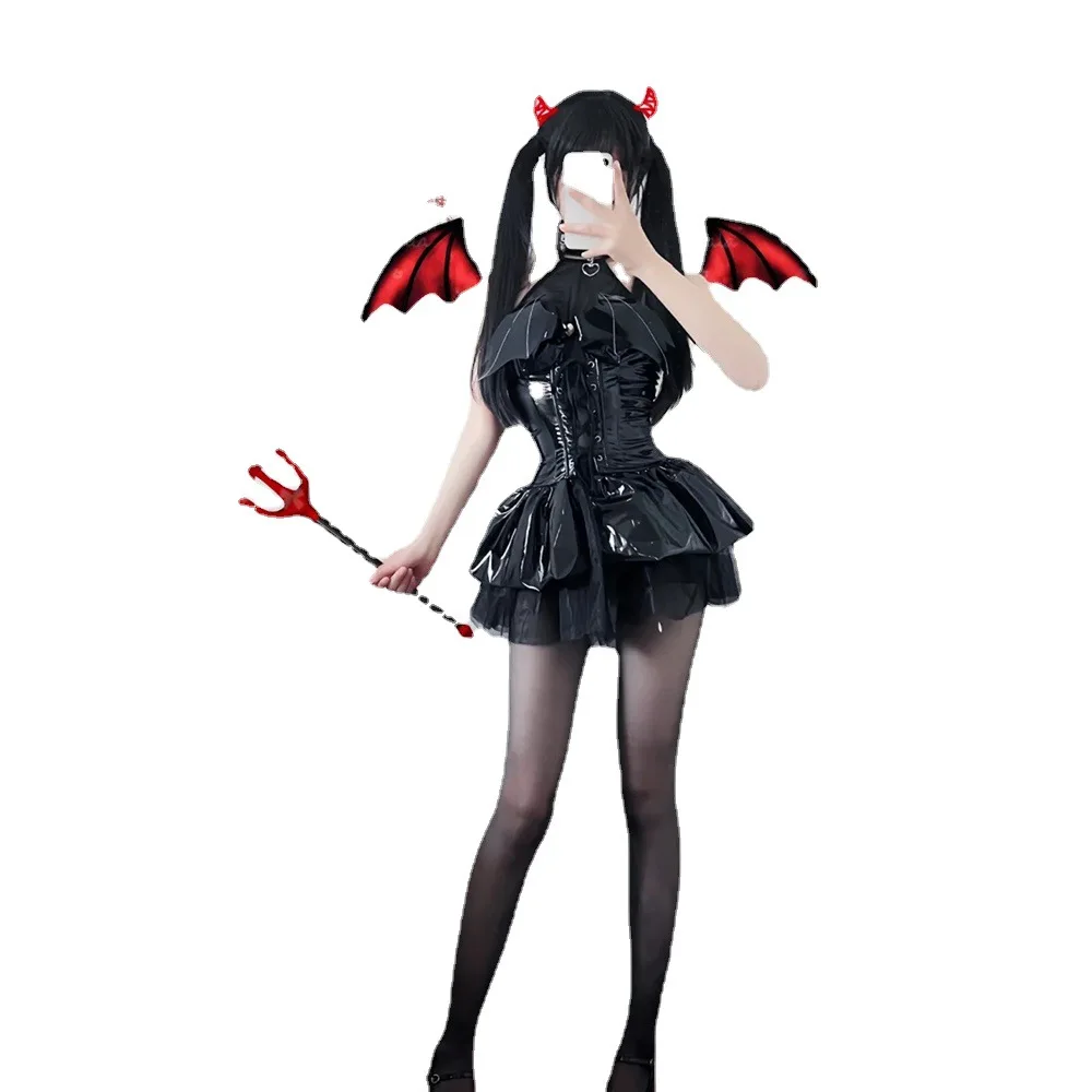 

Gothic Punk Witch Girl Magic Dress Bat Demon Black Mesh Lace Up Leather Unifrom Lolita Devil Cosplay Halloween Costumes Carnival