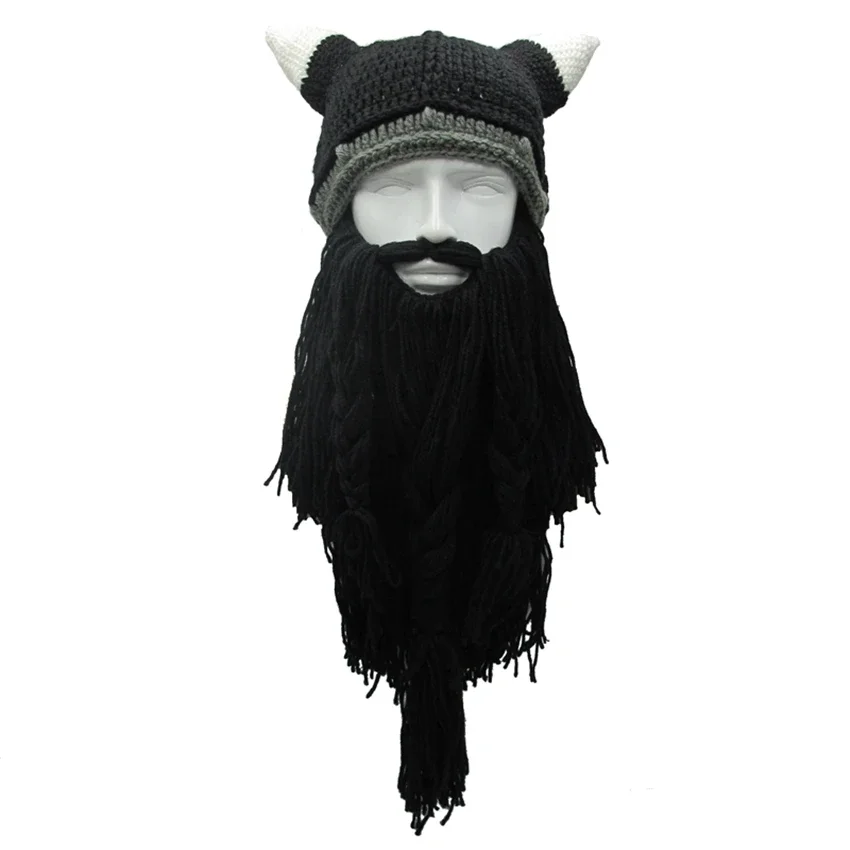 

Handmade Winter Warm Cap Men's Barbarian Vagabond Viking Long Beard Beanie Horn Hats Funny Xmas Halloween Birthday Cool Gifts