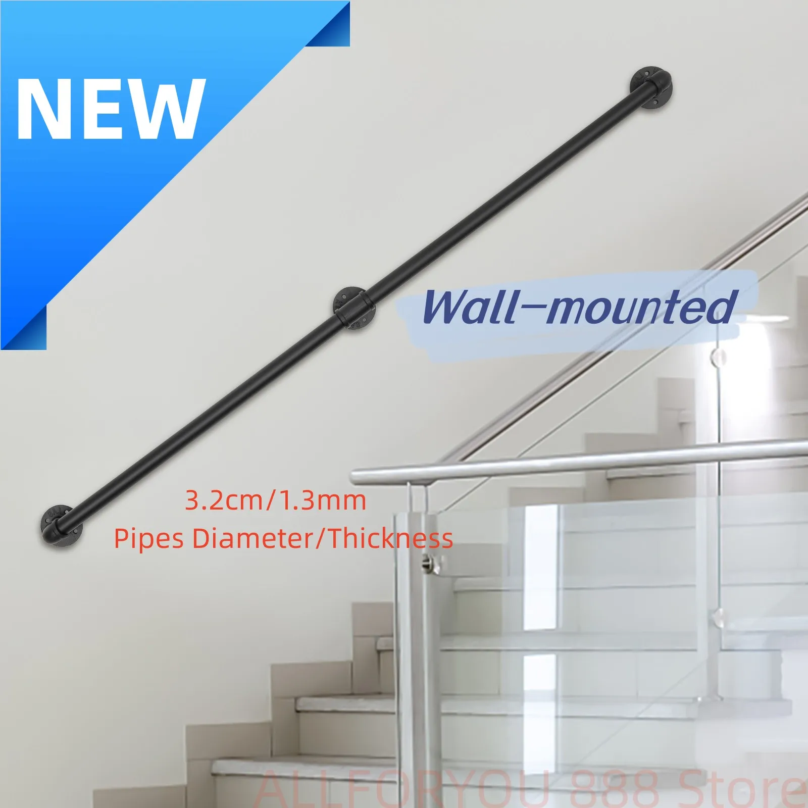 

5ft/6.6ft Staircase Handrail Stepladder Stair Railing Wall-mounted Loft Pipe 2 Sections For Indoor And Outdoor