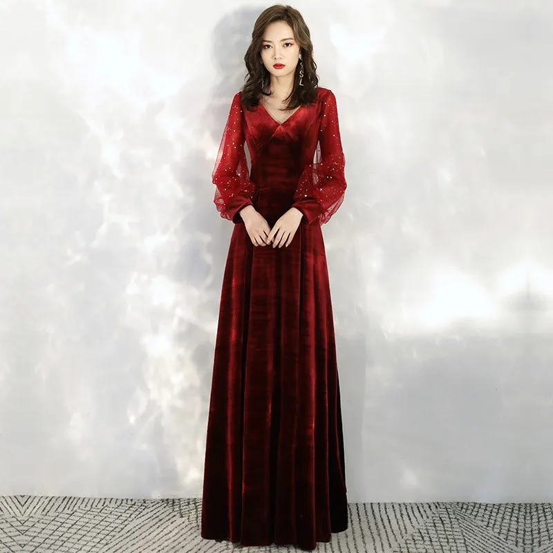 

Burgundy V-Neck Evening Dress Zipper Back Velour Full Sleeves Floor-Length Pleat A-Line Plus size Woman Formal Party Gowns XC148