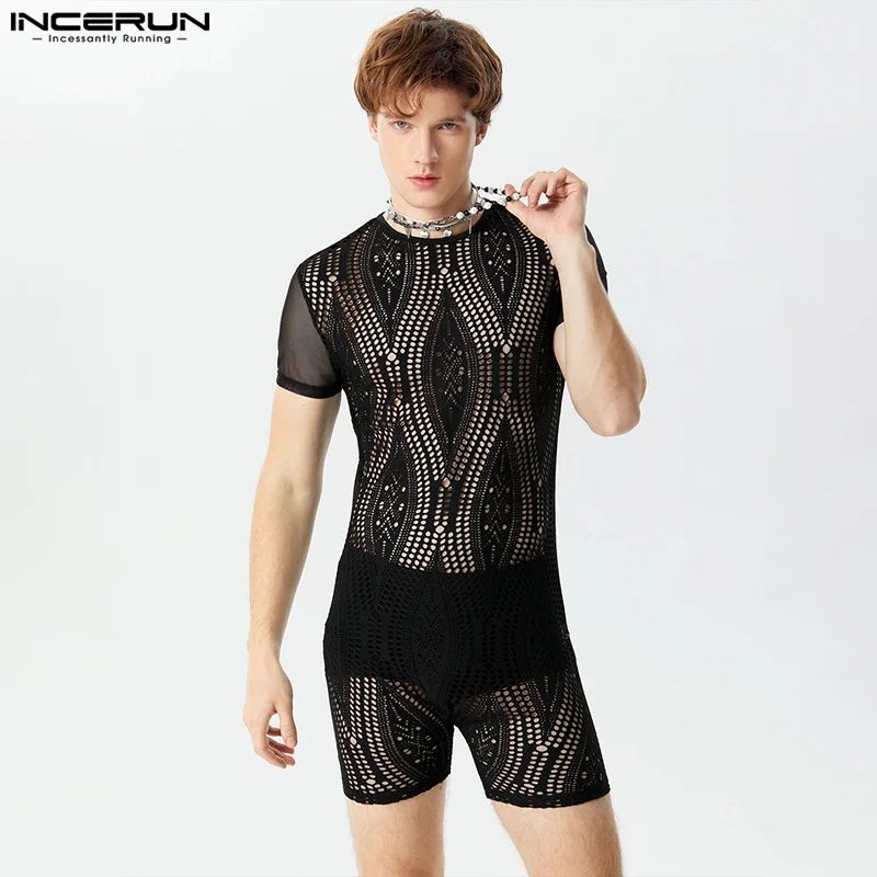 

American Style Men's O-neck Rompers Fashion Perspective Lace Patchwork Bodysuits Sexy Short Sleeved Jumpsuits S-3XL INCERUN 2024