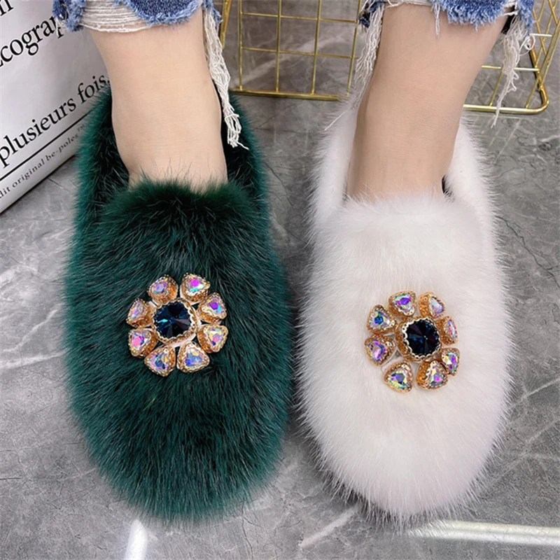 

Crystal Petal Women Flats Ladies Winter Warm Fur Loafers Real Mink Fur Espadrilles Driving Smoking Platform Shoes Moccasins
