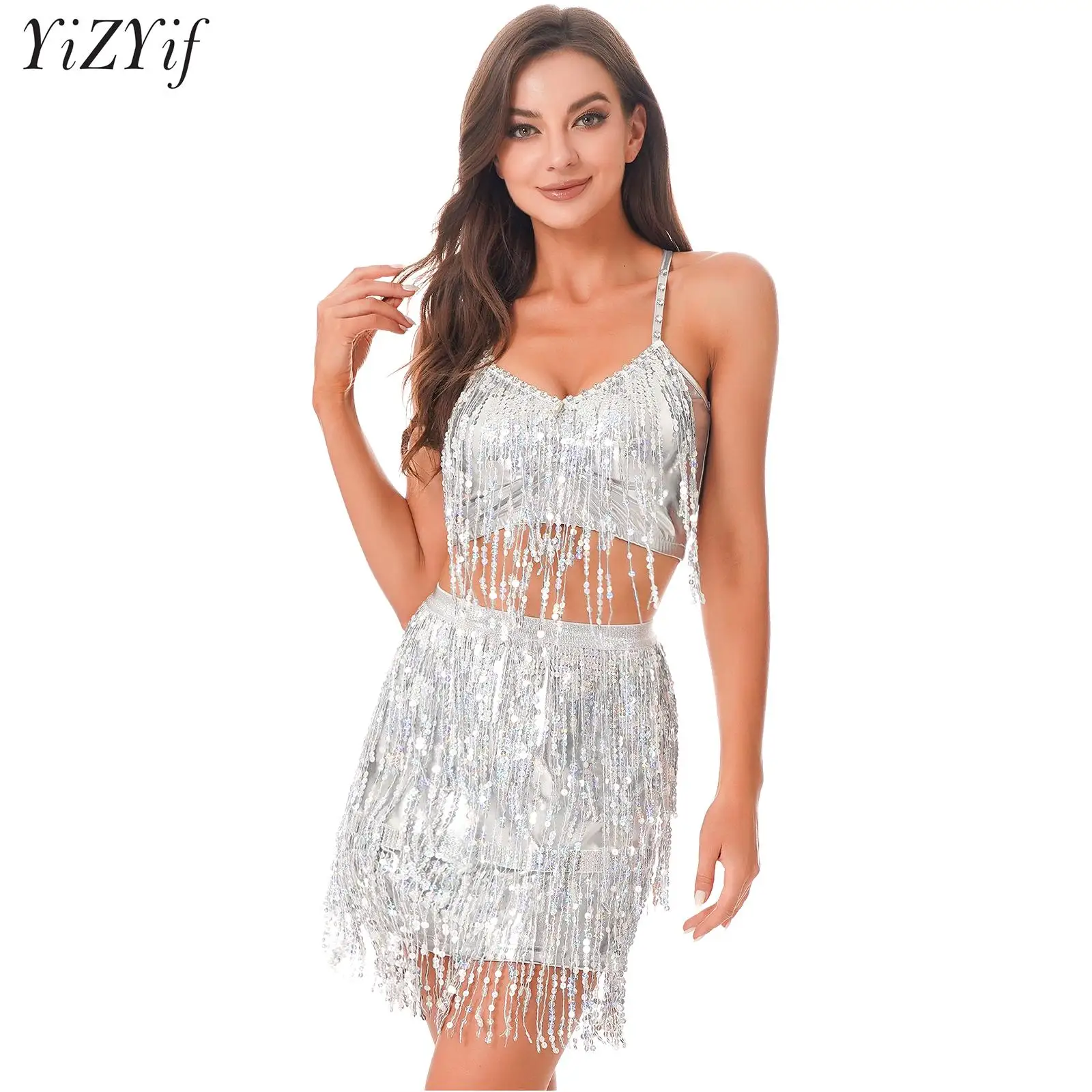 Women 2Pcs 1920s Latin Jazz Dance Costume Flowy Sequins Tassel Camisole and Skirt Dancewear for Salsa Tango Samba Rumba Cha-Cha
Women 2Pcs 1920s Latin Jazz Dance Costume Flowy Sequins Tassel Camisole and Skirt Dancewear for Salsa Tango Samba Rumba Cha-Cha
