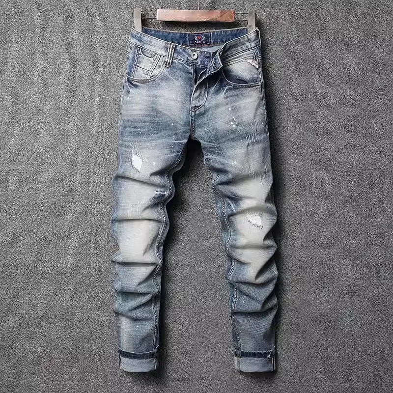 

Newly Designer Fashion Men Jeans High Quality Retro Washed Blue Stretch Slim Fit Ripped Jeans Men Vintage Denim Pants Hombre