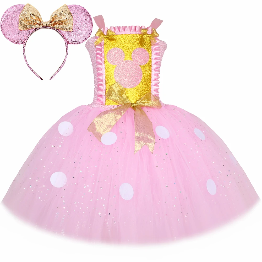 

Baby Girls Pink Minnie Tutu Dress Polka Dots Glitter Cartoon Tulle Princess Dress Kids Halloween Birthday Party Cosplay Costume