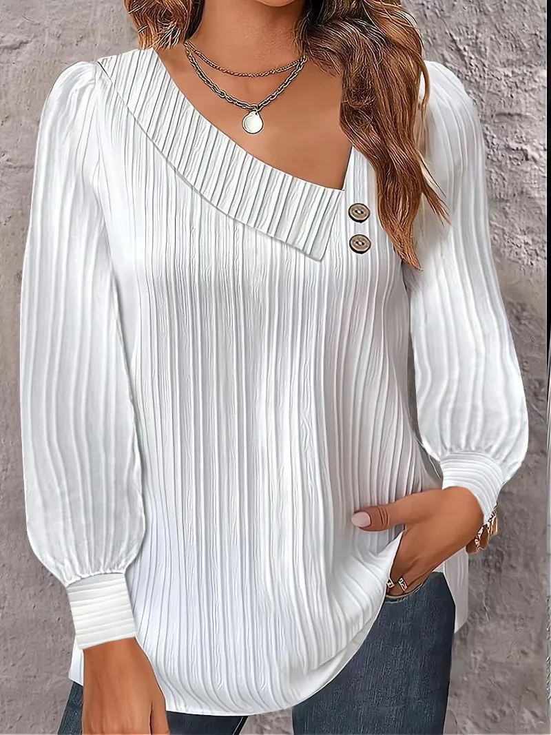 

Women's White Blouse Tops Summer Casual Simple V-neck Button Long-sleeve Pleated Shirt Women Loose Y2k Clothing Блузка Женская
