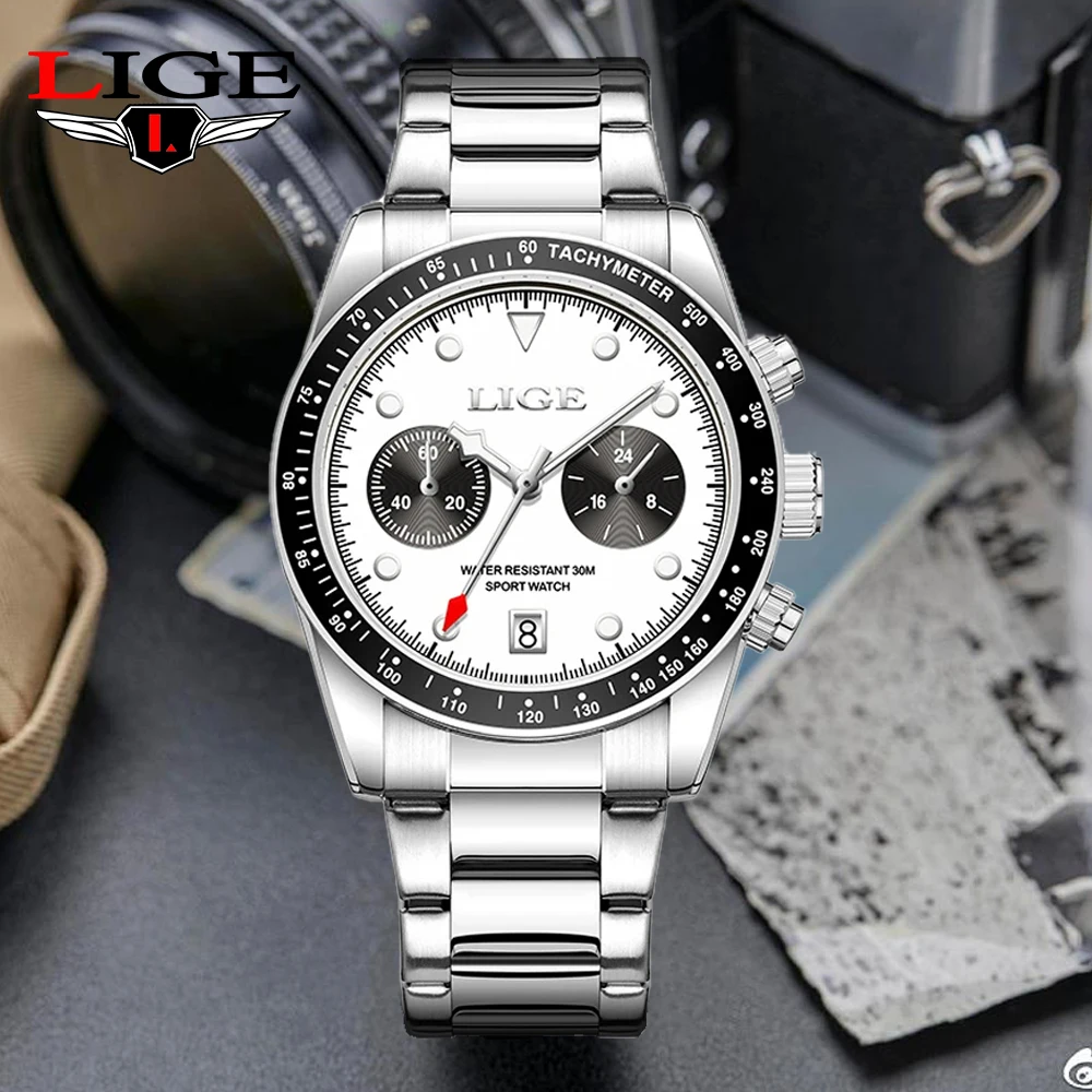 

LIGE Panda Eyes Casual Quartz Wristwatch Male Luxury Waterproof Stainless Steel Watch for Men Date Luminous Clock Reloj Hombre
