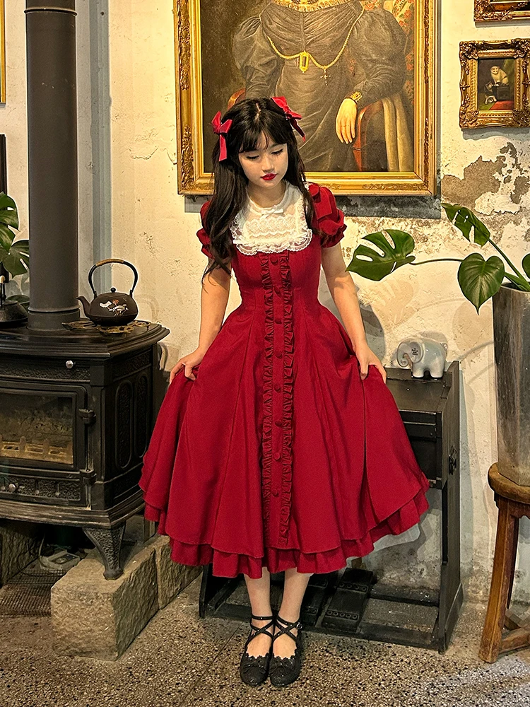 

Sweet Retro Lolita Dress for Women Summer Graceful Cute Puff Sleeve Bow Slim Mid-calf Dresses Elegant Birthday Dress for Women