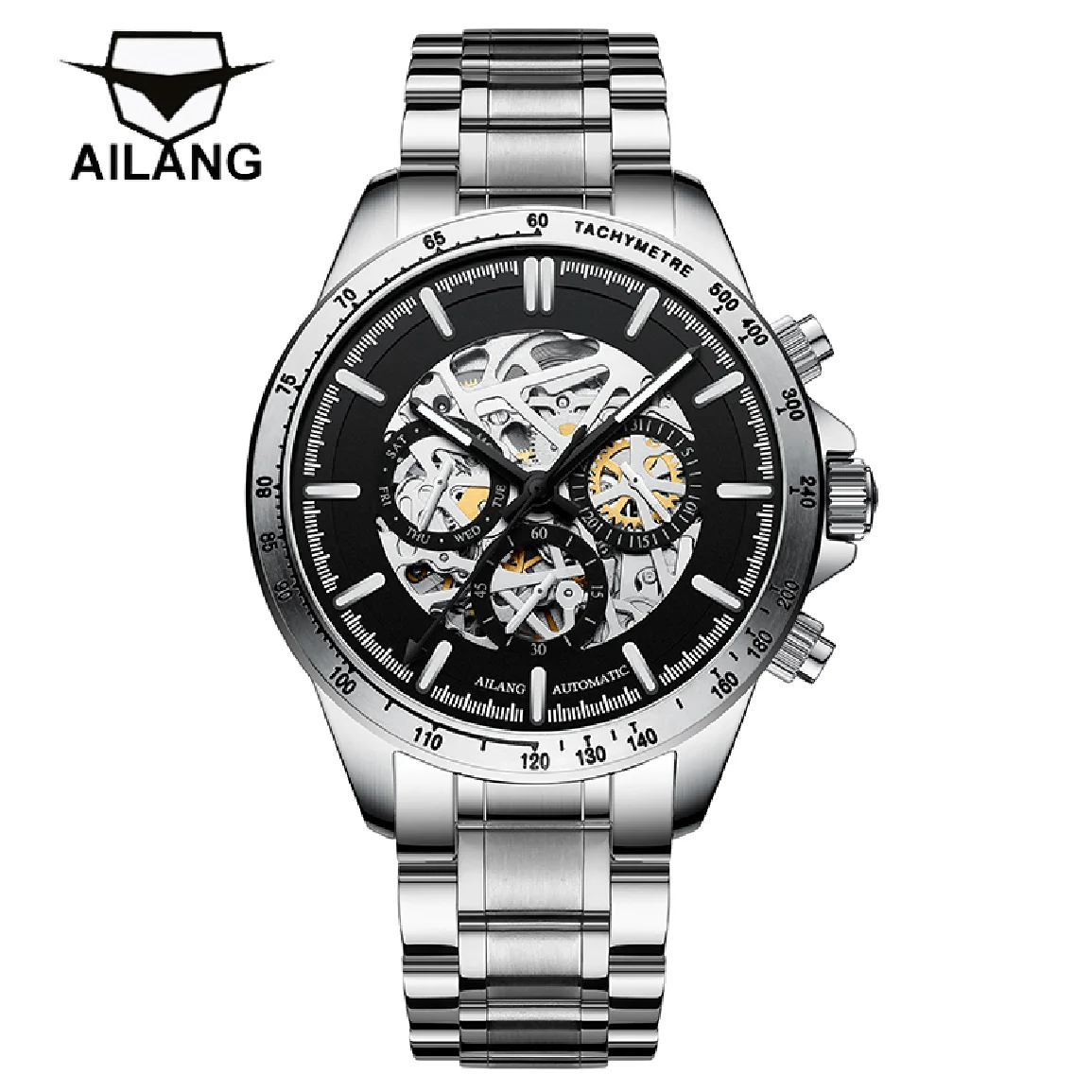 

AILANG 2023 New Three Eyes Mens Steel Case Waterproof Mechanical Watch Luminous Hollow Watches Weekly Calendar Steampunk 8827B