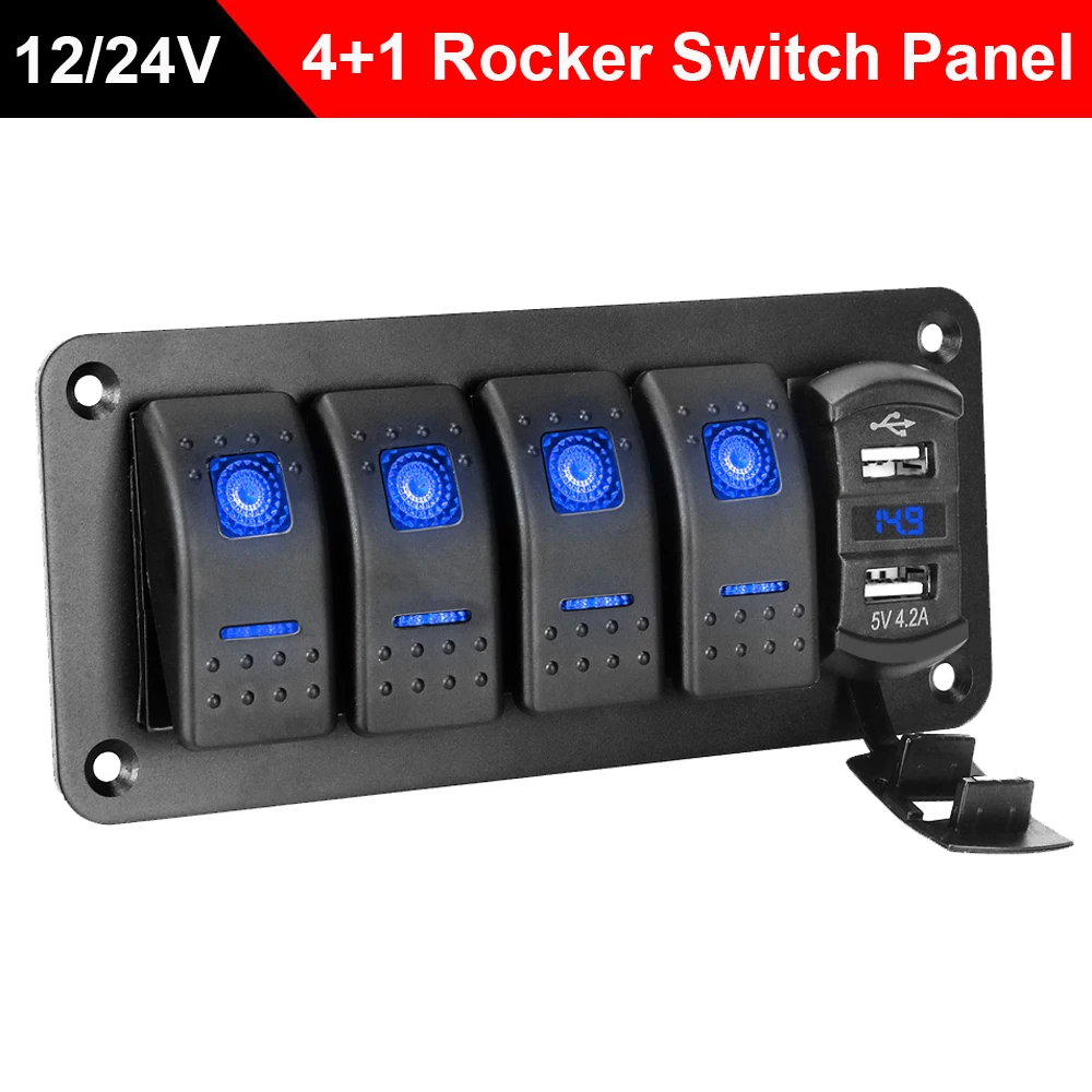 

12V/24V LED Switches Panel 4 Gang Toggle Rocker Switch Dual USB Port Digital Voltmeter Waterproof for Car Marine RV SUV Yacht