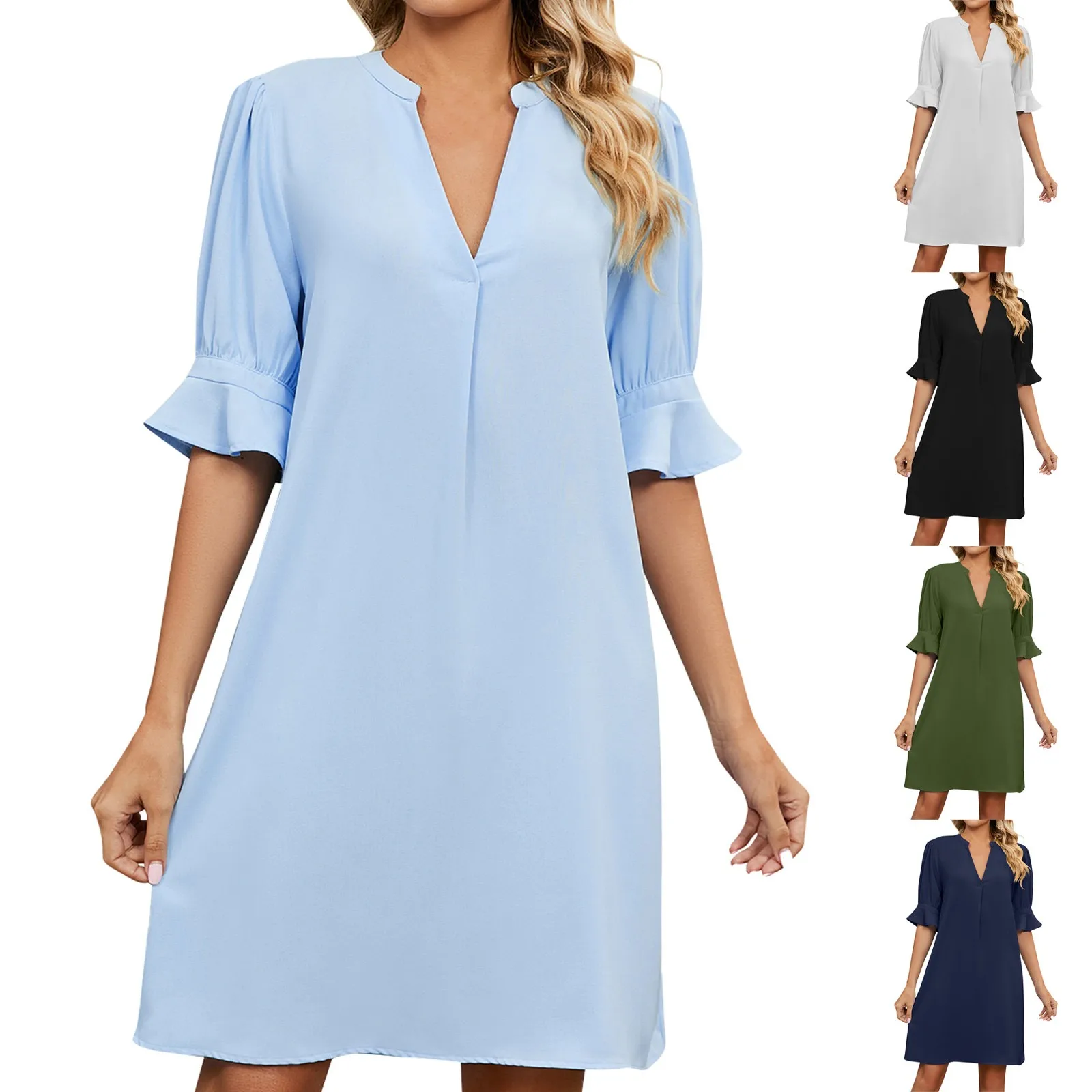 

Women's Fashionable Design Dress Sexy Solid Color V-neck Loose Dress New Youthful Gathered Half-sleeved Dress robes longues