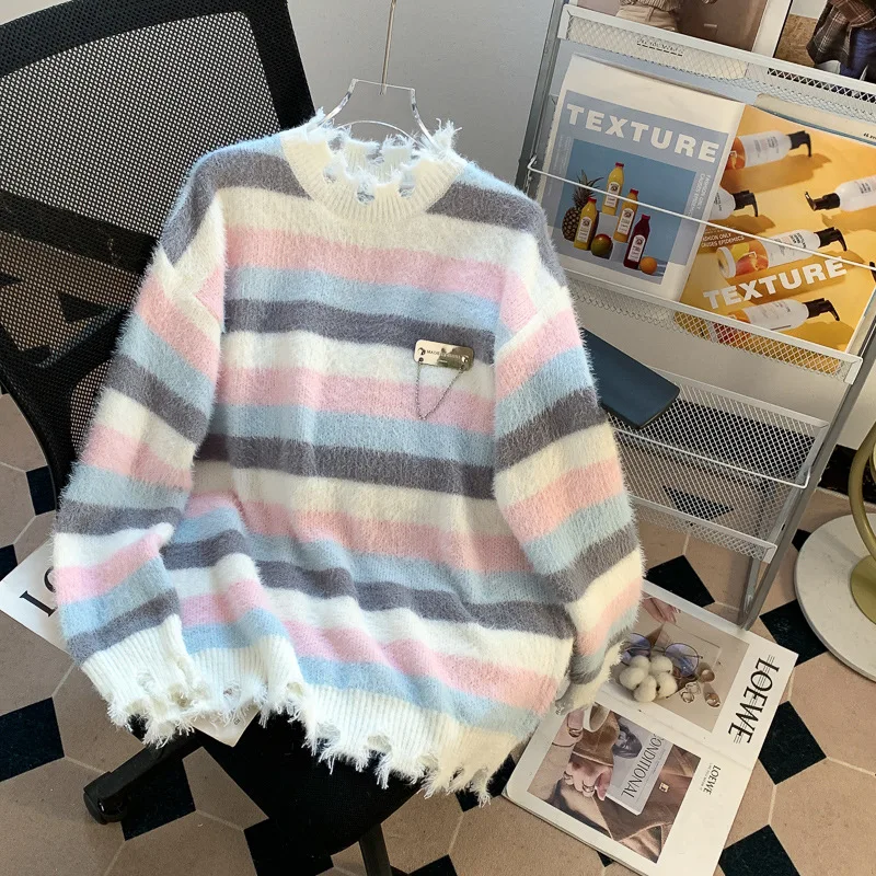 Hsa Fall Fashion Women Striped Mink Hair Loose Sweater Women's Chain New Design Ripped Broken Hole Knitted Top
Hsa Fall Fashion Women Striped Mink Hair Loose Sweater Women's Chain New Design Ripped Broken Hole Knitted Top