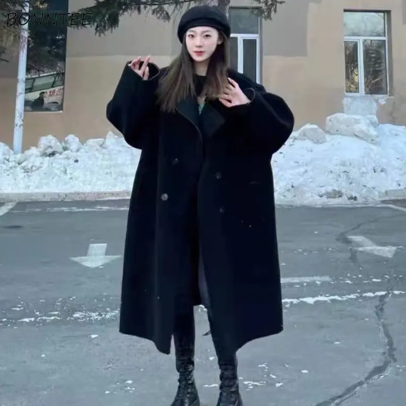 

X-long Black Wool Winter Coats Women Blends Botched Temper Preppy Kpop Fashion Gentle High Street Clothes Double Breasted Teens