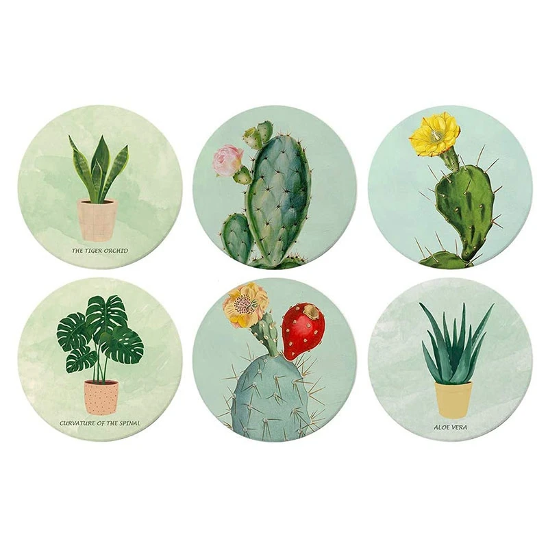 

Round Coasters For Drinks Absorbent,6 Pcs Coaster With Cork Scratch For Cups And Glasses,Drink Coasters,Plants Pattern