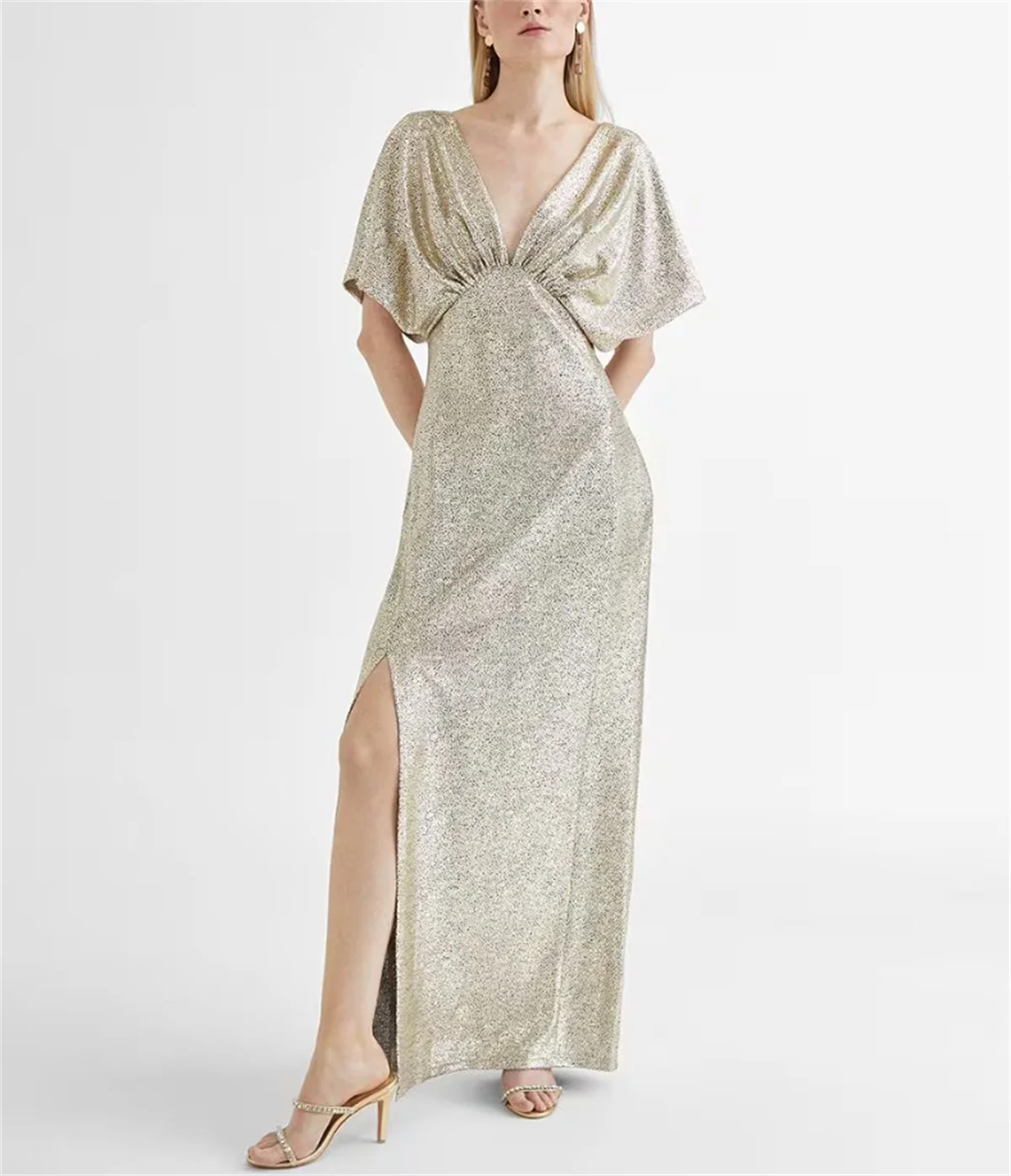 

Элегантное серебристое вечернее платье А-силуэта, простое платье для выпускного вечера с коротким рукавом и V-образным вырезом, женское деловое платье, вечерние ينينينينينينينس