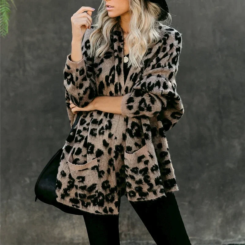 

Женский облегающий вязаный кардиган в стиле бохо, зимнее пальто с карманами и леопардовым принтом, длинный кардиган, вязаная одежда, новинка 2021, женские свитера