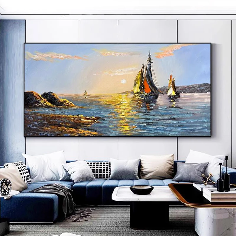 

OQ 100% Hand Painted Oil Painting On Canvas Abstract Sailboat Seascape Picture Wall Art Living Room Home Decoration Unframed