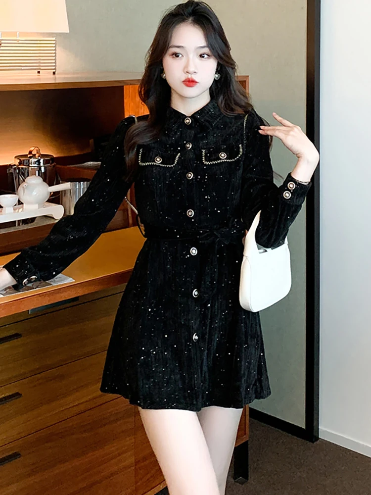 

Autumn Winter Black Velvet Sequins Mini Dress Women Korean Vintage Hepburn Party Vestidos 2024 Elegant Bodycon Casual Prom Dress