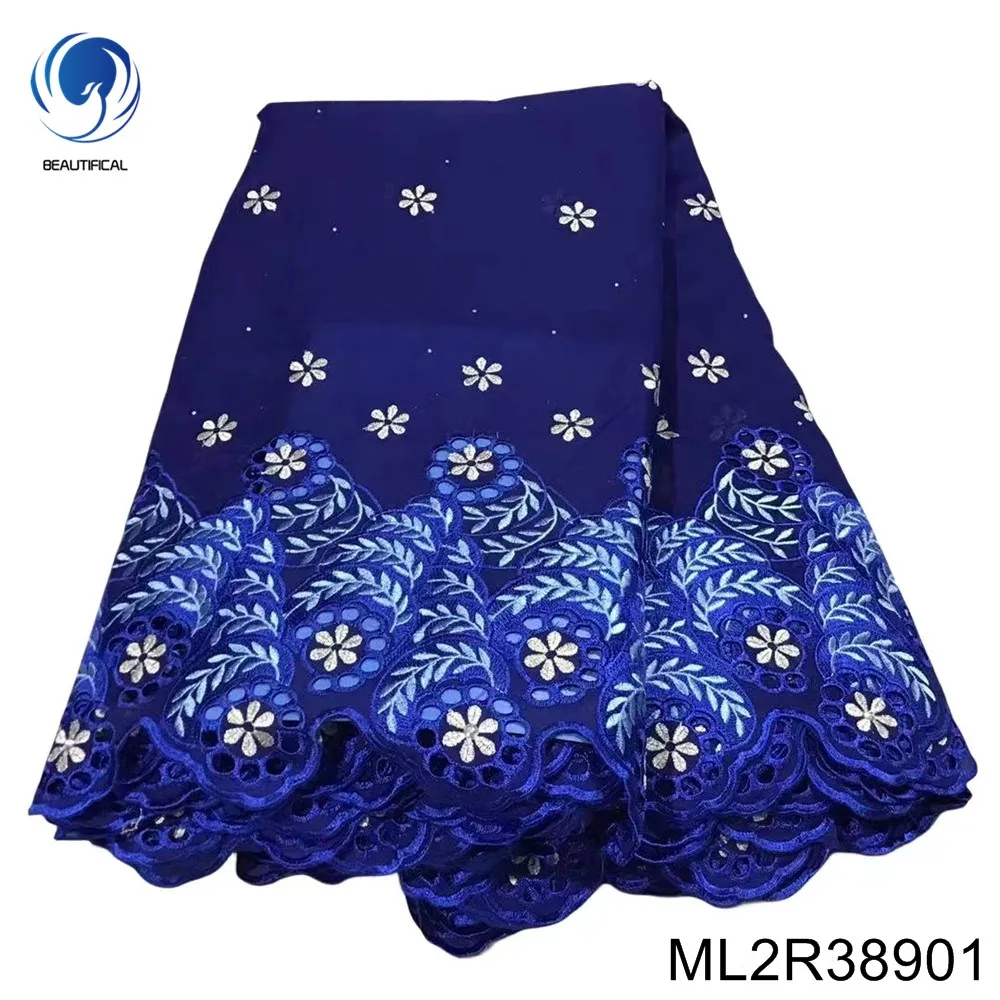 

Brilliant Blue Wheat and Flower Embroidery Perfectly Match Nigerian Swiss Voile Lace Fabric 100% Cotton Party Dress ML2R389