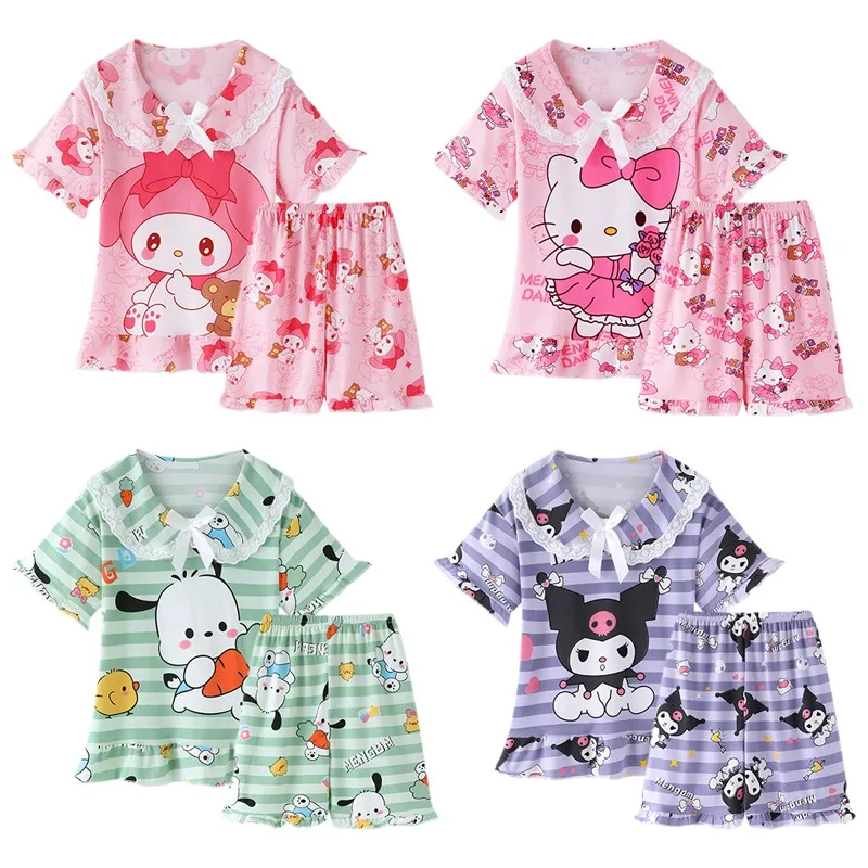 

Sanrios My Melody Cinnamoroll Hellokittys Cute Printed Thin Pajama Set Kawaii Short Sleeved Shorts Home Wear Children Clothing