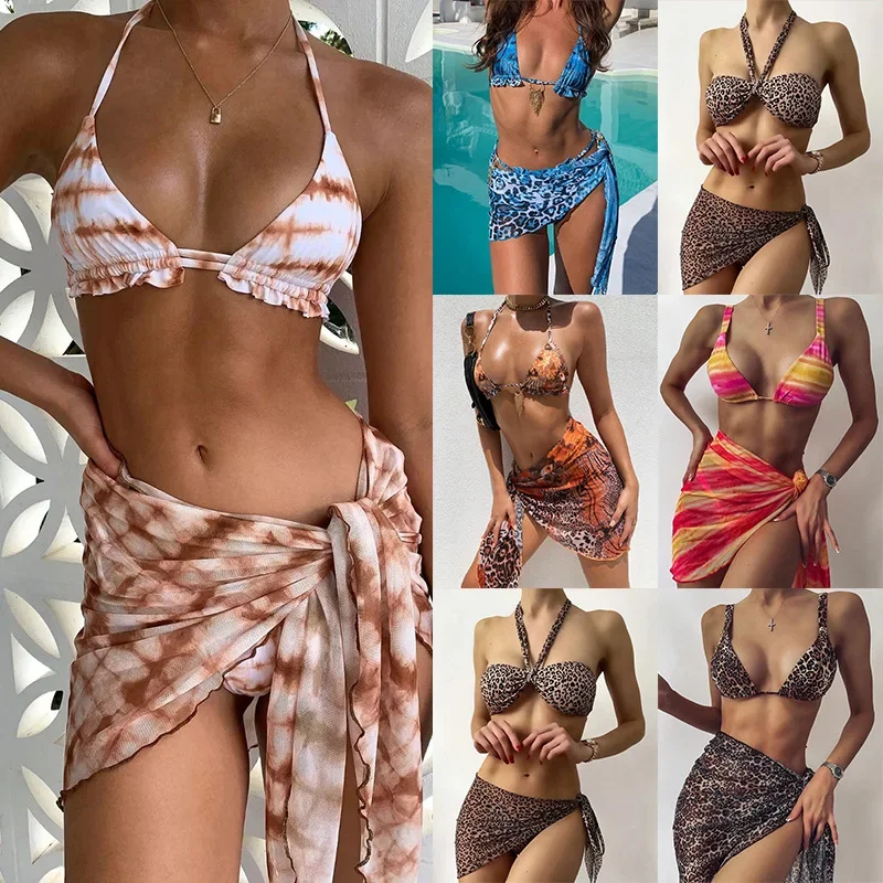 

3 PCS With Sexy Skirt Leopard print Bikini Female Swimsuit 2024 Women Swimwear Three-pieces Bikini set Bather Bathing Suit Swim