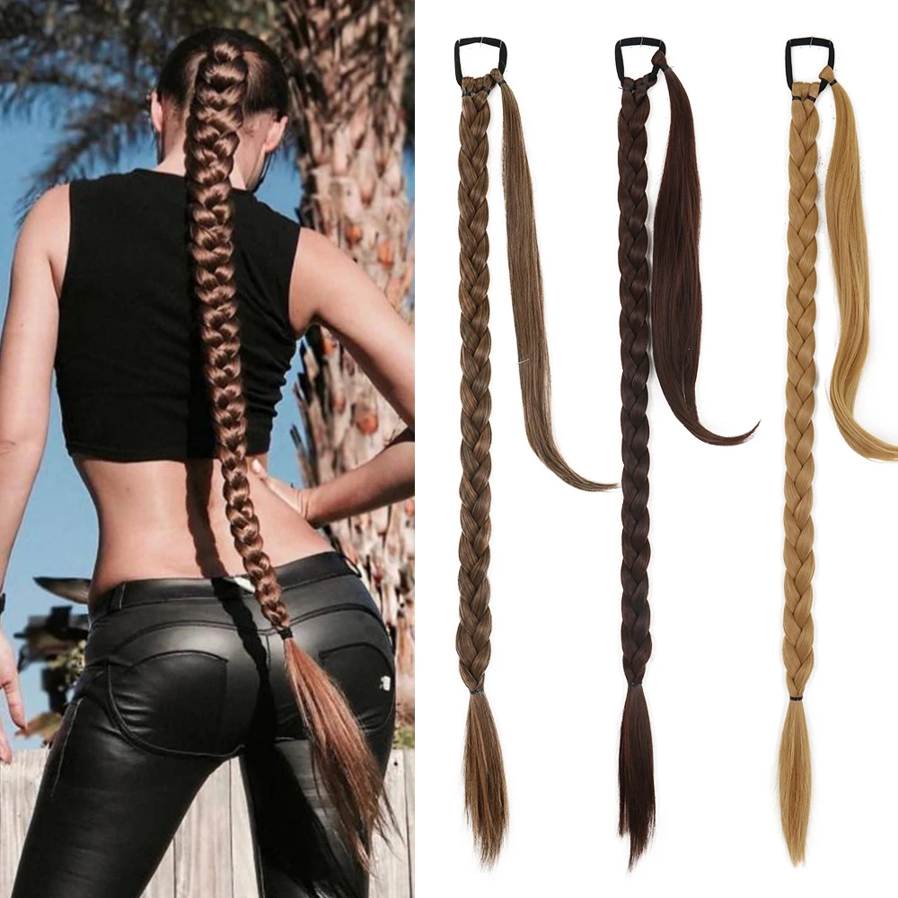 

Synthetic Long Braided Ponytail Hair Extensions For Women Black Blonde Wrap Around Pony Tail Hairpieces High Temperature Fiber