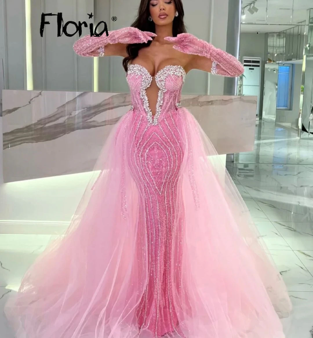 

Fashion Pink Beading Evening Dress With Overskirt Dubai Pageant Gowns Long Sleeve Wedding Guest Party Dresses Vestidos De Noche