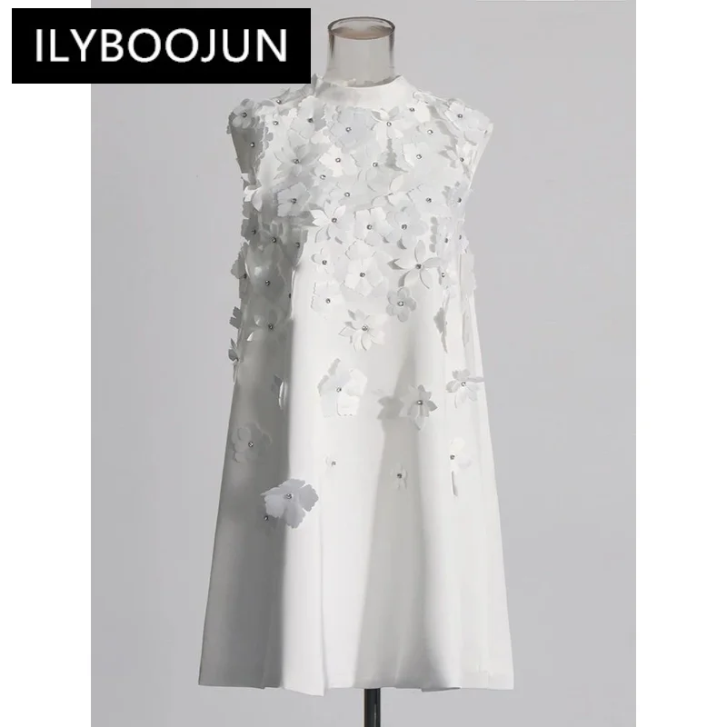 

ILYBOOJUN Elegant Patchwork Appliques Dress For Women Stand Collar Sleeveless High Waist Spliced Lace Up Chic Dresses Female