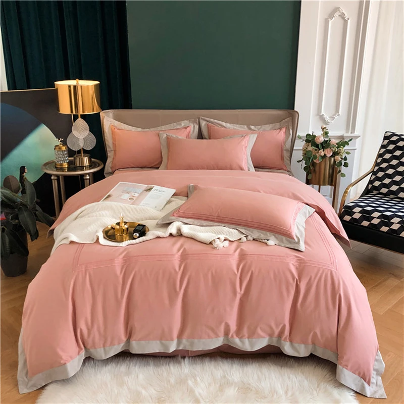 

2024 Newset 60 long-staple Cotton Stitching Embroidery Plain Four-piece Bed Sheet Cotton Hot-selling Light Luxury Bedding Pink