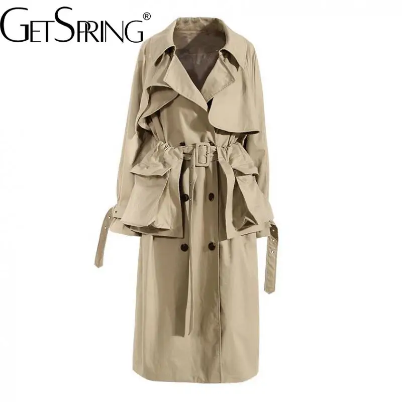 

Getspring Women Trench Coat Patchwork Bandage Double Breasted Windbreaker Khaki Vintage Long Autumn And Winter Overcoat 2022