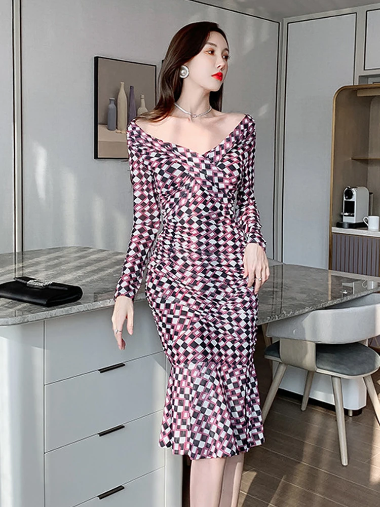 

French Vintage Elegant Sexy Dress for Women 2023 Mesh Chic Mesh Long Sleeve Midi Bodycon Ruffles Trumpet Robe Femme Date Vestido