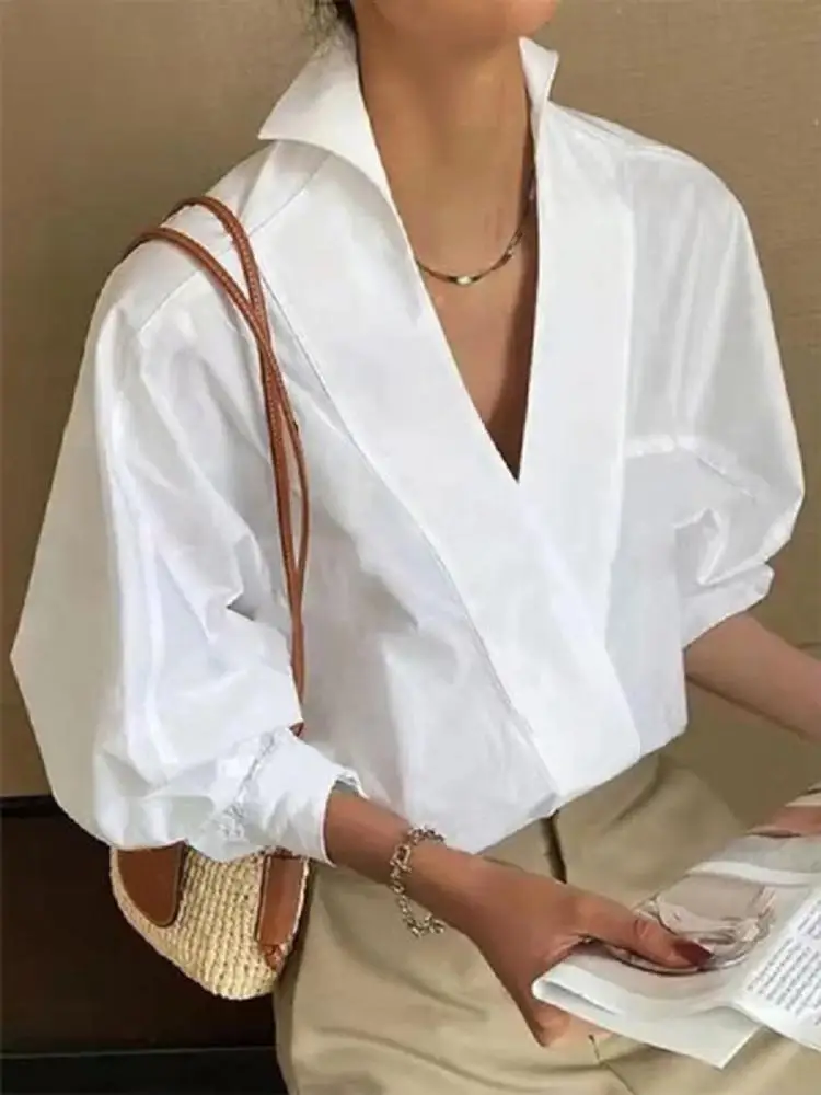 

Uoozee Women's White Blouse 2024 Spring Summer Elegant Fashion Puff Sleeves Solid Color V-Neck Casual Urban Office Shirts Tops